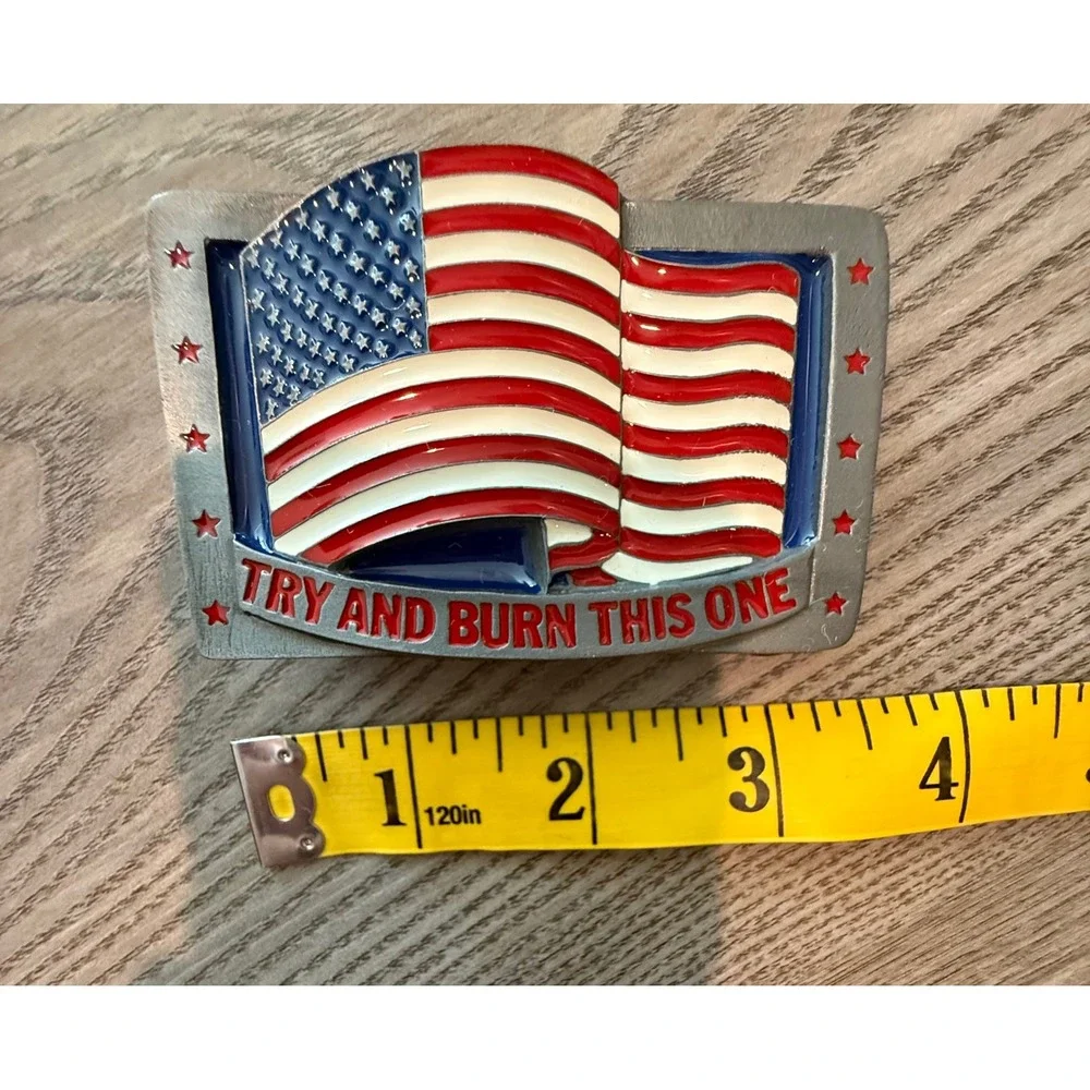 Vintage 1991 C&J Inc American Flag Belt Buckle Try And Burn This One USA NIB